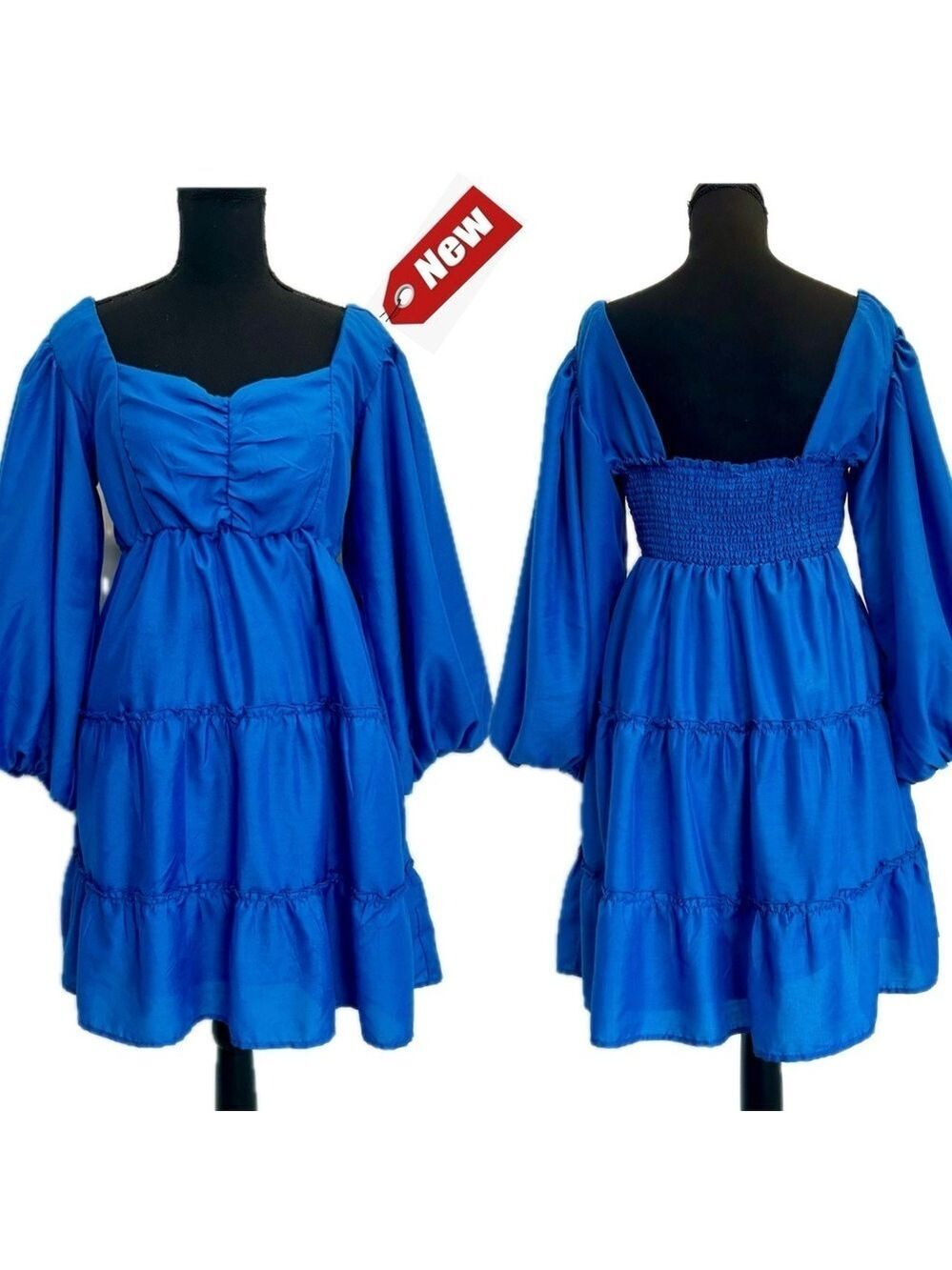 Beyond Words blue puff balloon sleeve ruffle frill smocked baby doll dress L NWT